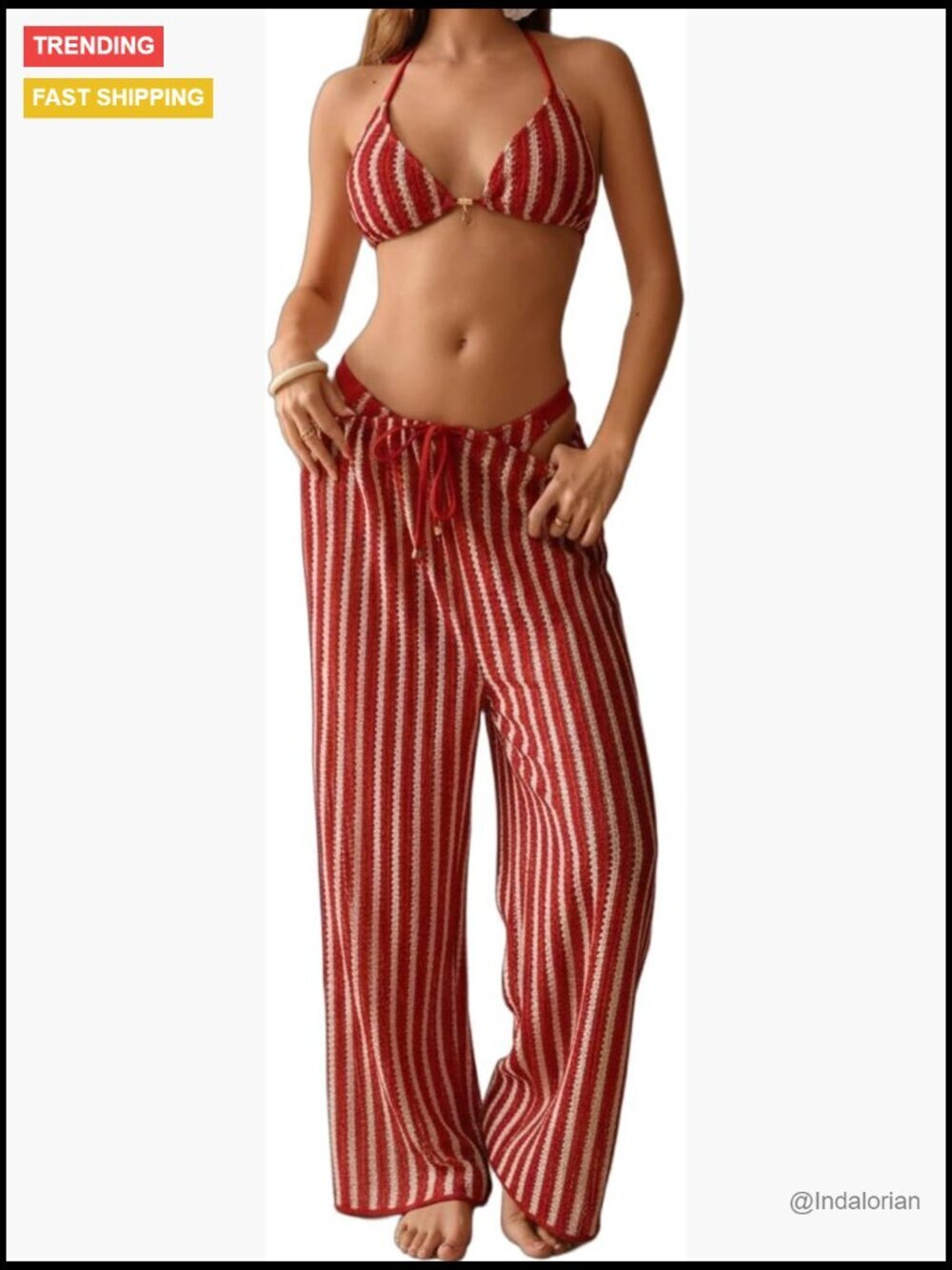 Striped Crochet Knit Bikini with Pants Coverup Halter Triangle 3 Piece Swimsuit
